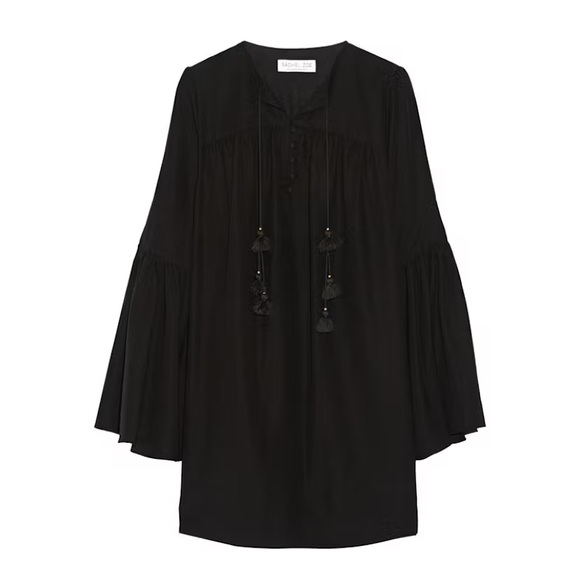 Rachel Zoe Dress Boho Helen Black Silk Tassel Tie Size 6 Bell Sleeve Mini $395 - Picture 1 of 6